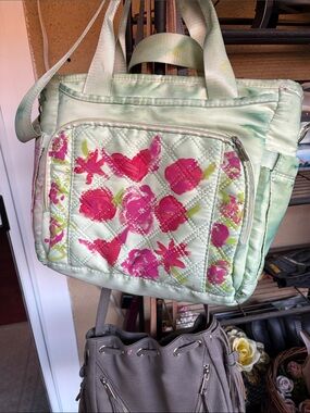 Mint Green Quilted Tote Bag with Pink Floral Print